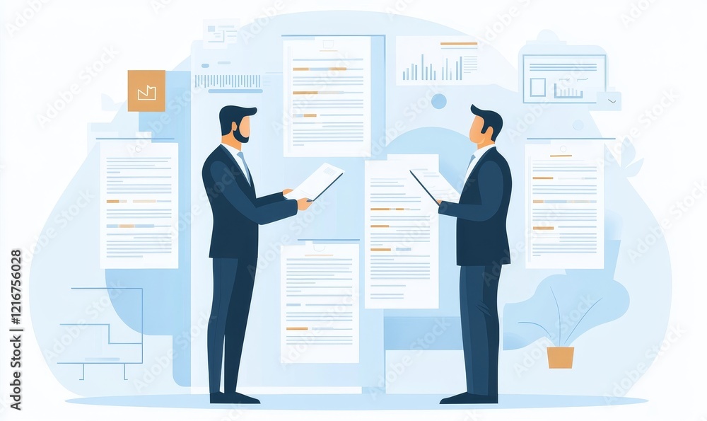 Document data system Report HR technology Concept: Businessman Manager checking white documents reports papers of files icon in modern office, Generative AI Document data system Report HR technology Concept: Businessman Manager checking white documents reports papers of files icon in modern office, Generative AI