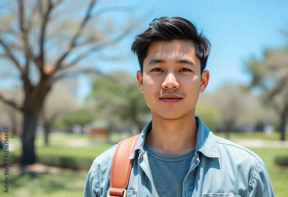 Portrait of an Asian male in a sunny park