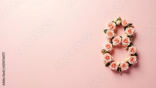 Pink roses and golden beads forming number 8 on pastel background for Women's Day