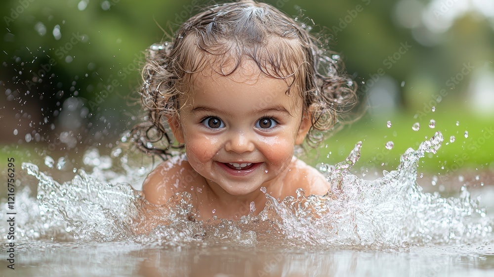 Obraz premium Happy toddler girl playing in a puddle, splashing water, smiling.