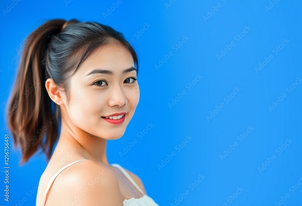 Portrait of an Asian woman standing on a bright blue background Portrait of an Asian woman standing on a bright blue background