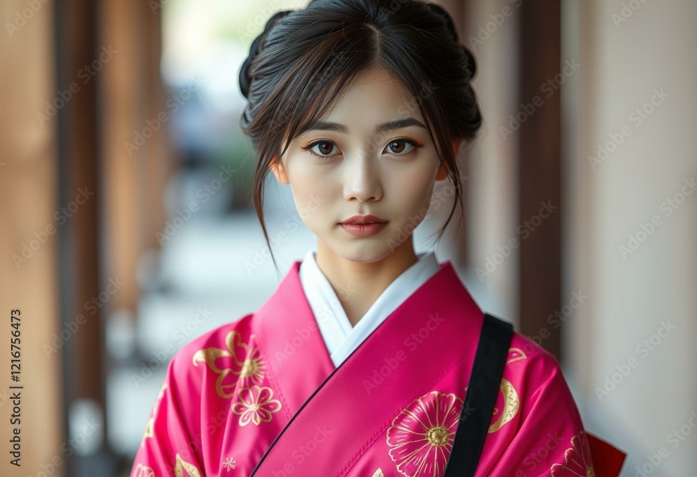 Traditional Japanese female portrait with kimono and obi sash Traditional Japanese female portrait with kimono and obi sash
