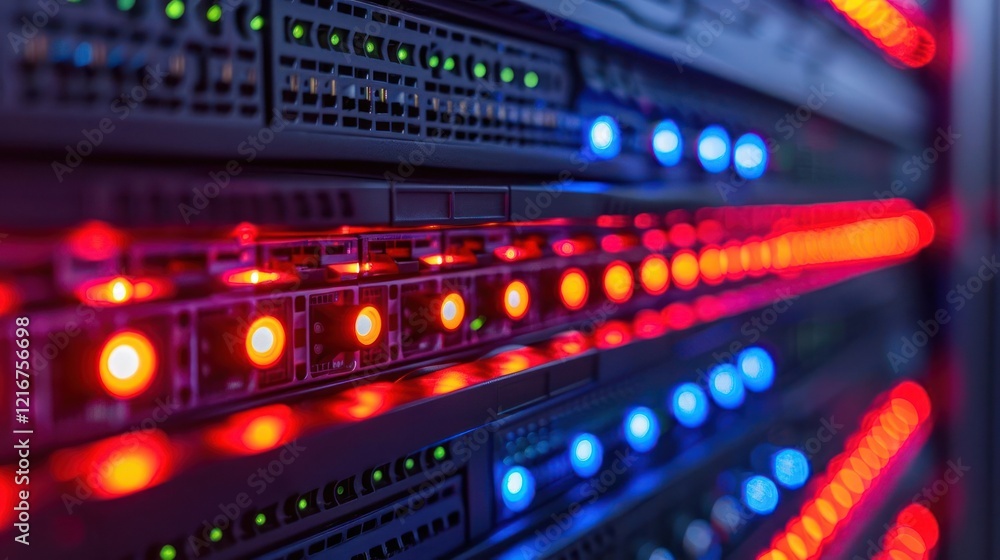Close-up view of illuminated server racks showcasing data storage technology in action Close-up view of illuminated server racks showcasing data storage technology in action