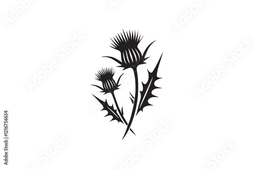 simple and subtle vector silhouette of thistle  in black and white, set against a white background. 