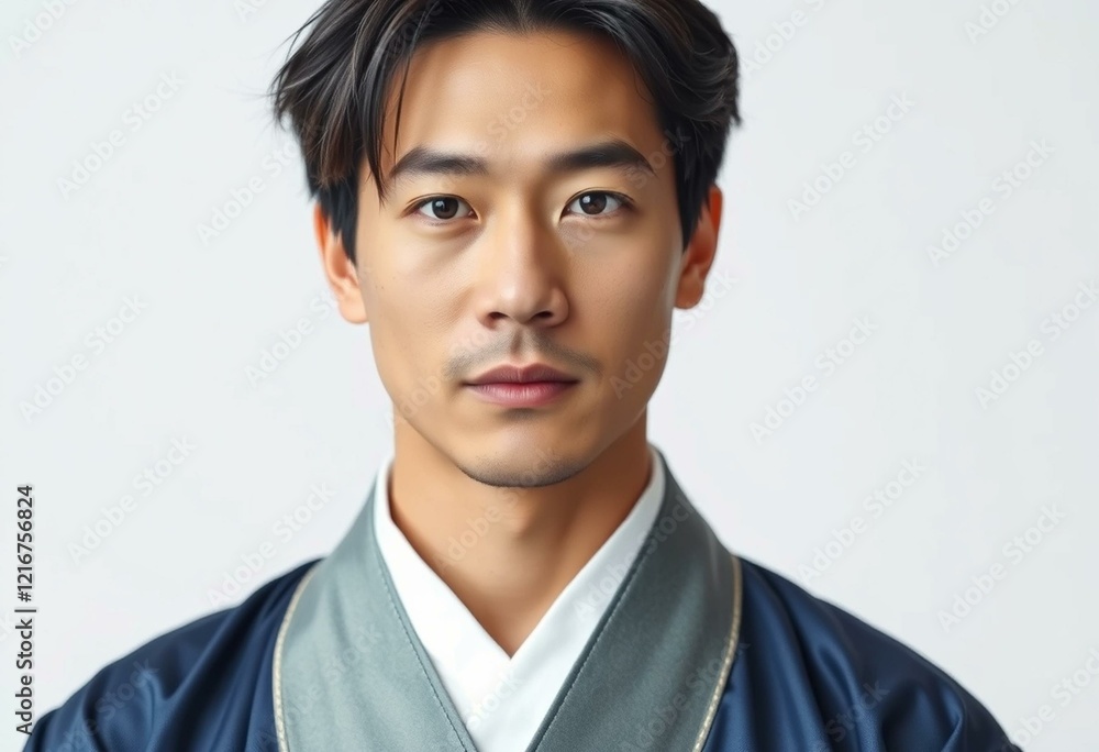 Portrait of a male person in traditional Japanese clothing Portrait of a male person in traditional Japanese clothing