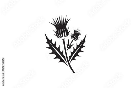 simple and subtle vector silhouette of thistle  in black and white, set against a white background. 