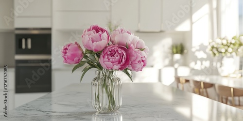 Fototapeta Naklejka Na Ścianę i Meble -  A vase with fresh pink peonies on a kitchen countertop
