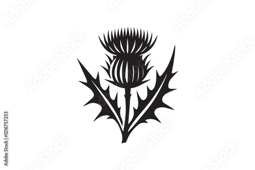 simple and subtle vector silhouette of thistle  in black and white, set against a white background. 