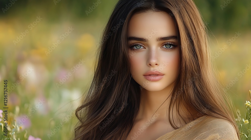Obraz premium Elegant female model with long, voluminous hair in a transparent fabric wrap, standing in a field of flowers under natural light, dreamlike and enchanting atmosphere, 