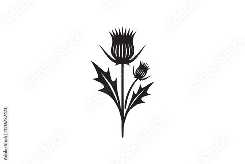 simple and subtle vector silhouette of thistle  in black and white, set against a white background. 