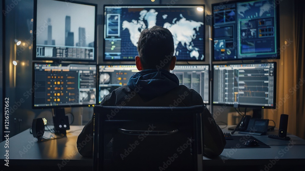 Individual monitoring multiple screens displaying global data and analytics in a dark control room Individual monitoring multiple screens displaying global data and analytics in a dark control room