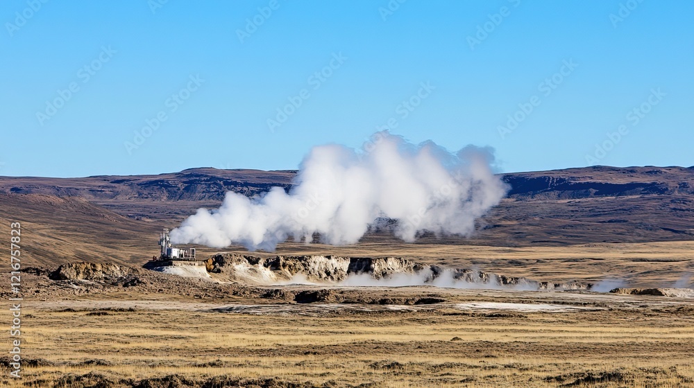 Fototapeta premium Geothermal drilling site in operation, showcasing advanced technology harnessing natural energy for sustainable power generation. 