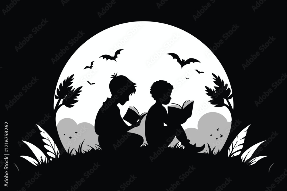 black Silhouette Kids Reaching Stars with Yellow Moon Background
