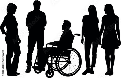 Silhouettes of Individuals Interacting With a Person in a Wheelchair