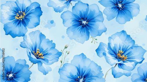 Blue indigo watercolor flower pattern seamless background vector. Watercolor hand painted botanical floral, daisy, wildflower, eucalyptus leaves. Design for wallpaper, banner, print, website.