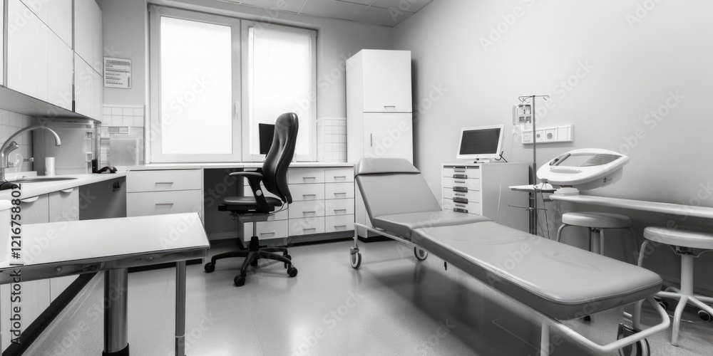 Empty medical office with multiple workstations, desks, and medical equipment. Neatly organized.
