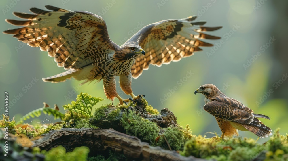 Obraz premium Majestic hawks displaying their wingspan in a lush forest setting, surrounded by vibrant greenery