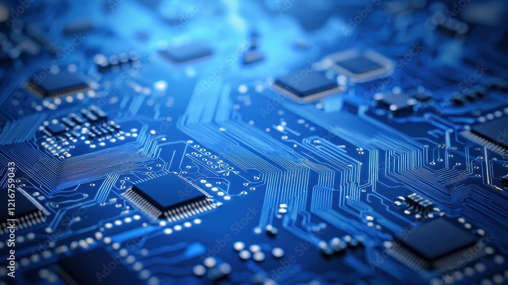 High Resolution Close Up of Complex Circuit Board Technology Blue PCB Microchips and Electronic High Resolution Close Up of Complex Circuit Board Technology Blue PCB Microchips and Electronic
