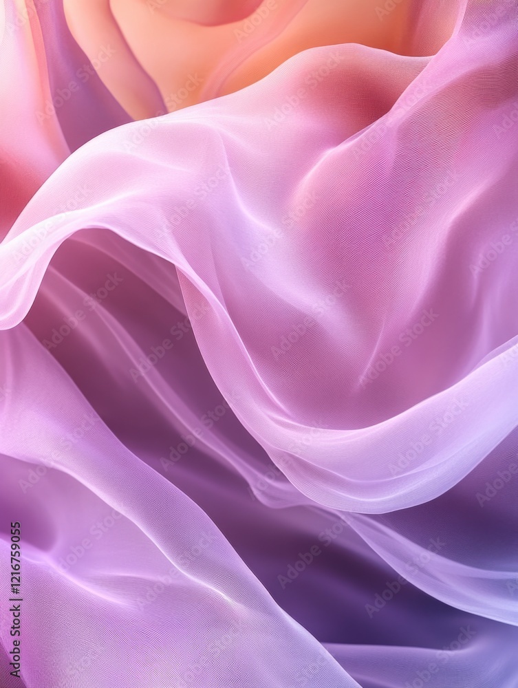 Fototapeta premium Pink and purple silk fabric with flowing folds against a gray backdrop.