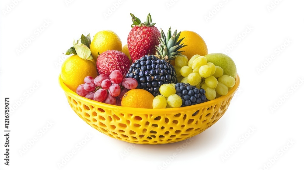A vibrant shopping basket brimming with various fresh fruits, isolated on a crisp white background A vibrant shopping basket brimming with various fresh fruits, isolated on a crisp white background