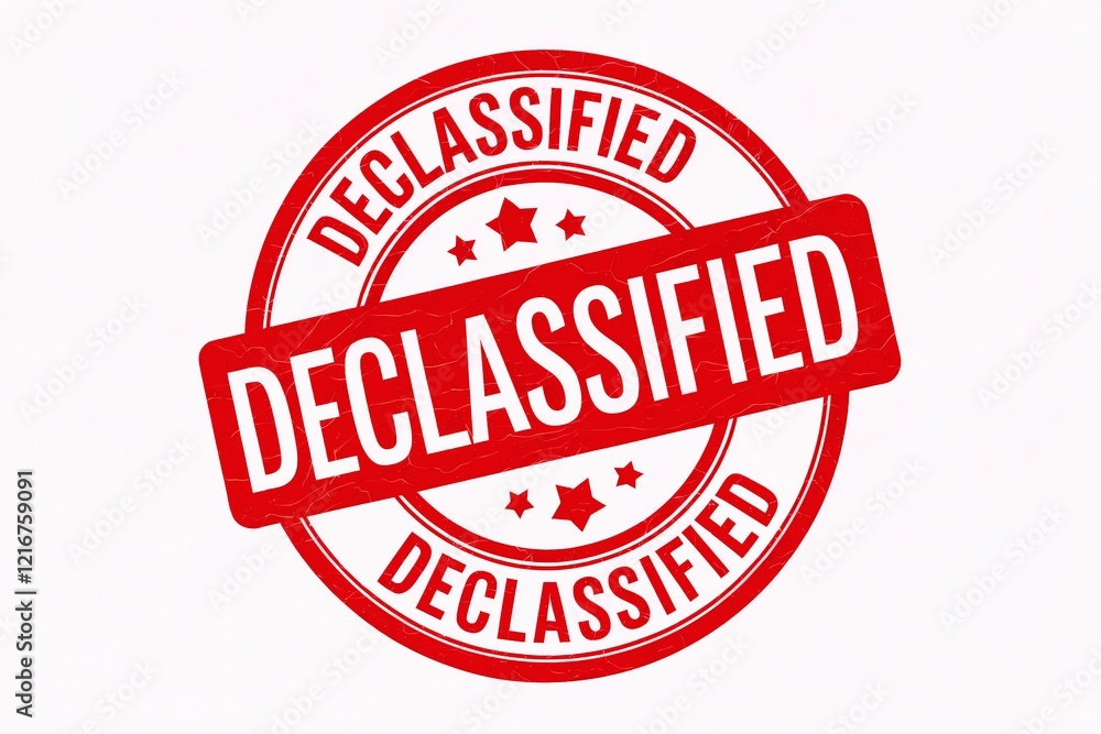 Red declassified stamp with bold text and stars on white background. Red declassified stamp with bold text and stars on white background.