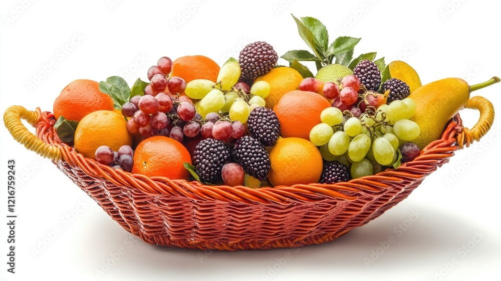 A vibrant shopping basket brimming with various fresh fruits, isolated on a crisp white background A vibrant shopping basket brimming with various fresh fruits, isolated on a crisp white background