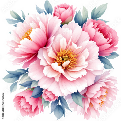 Watercolor pink magenta peony flowers bouquet.	