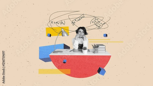 Creative motion collage video of businesswoman sit workplace think formula university student math subject workload