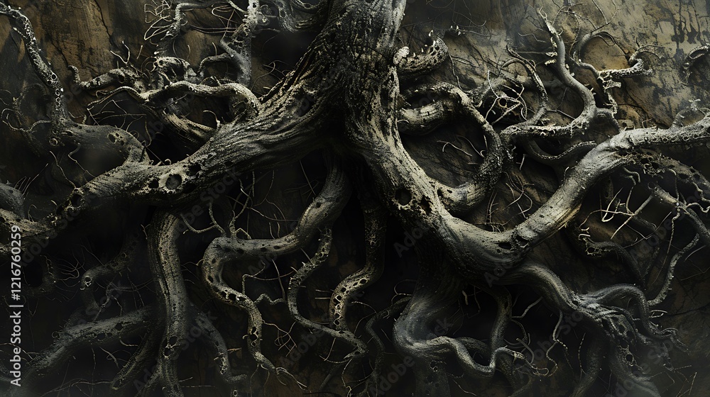 Gnarled Tree Roots Texture Background with Twisted Branches and Knots Gnarled Tree Roots Texture Background with Twisted Branches and Knots