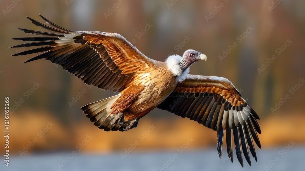 Majestic vulture soaring over a serene lake with blurred autumn foliage in the background Majestic vulture soaring over a serene lake with blurred autumn foliage in the background