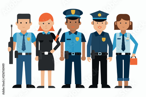 Vector Art of Diverse Police Officers in Uniform Showcasing Community Safety Roles