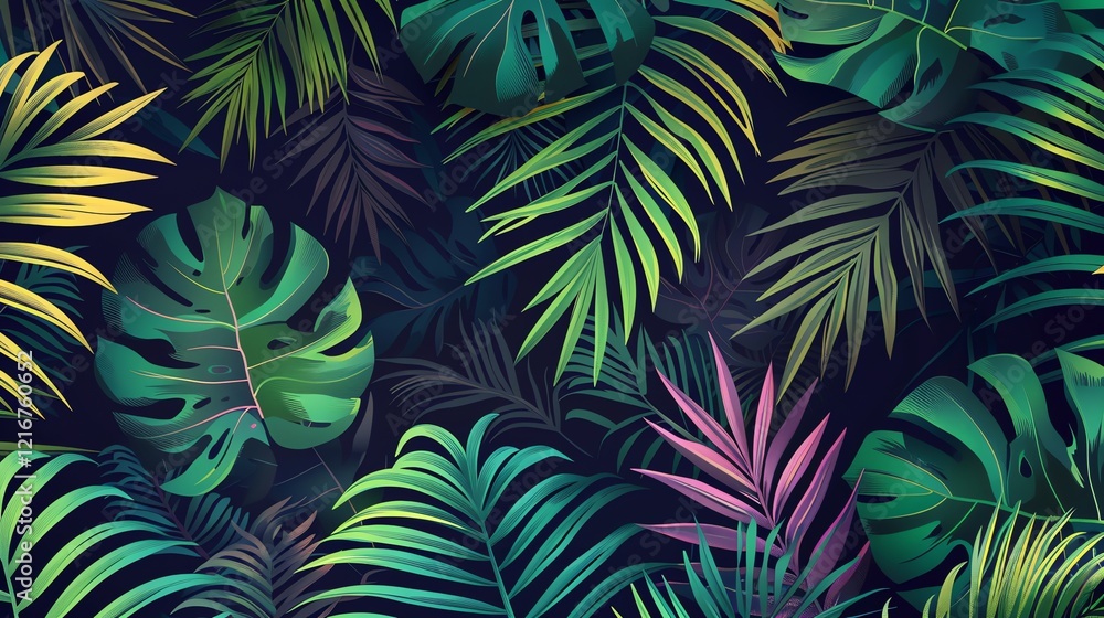 Tropical leaves in various shades of green, yellow, and pink on a dark background. Tropical leaves in various shades of green, yellow, and pink on a dark background.
