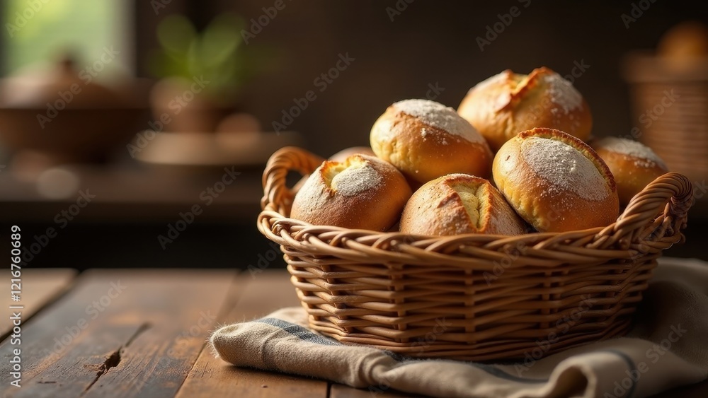 Golden-brown baked goods in a rustic woven basket, sitting on a wooden surface with a soft linen cloth, bathed in warm, inviting light Golden-brown baked goods in a rustic woven basket, sitting on a wooden surface with a soft linen cloth, bathed in warm, inviting light