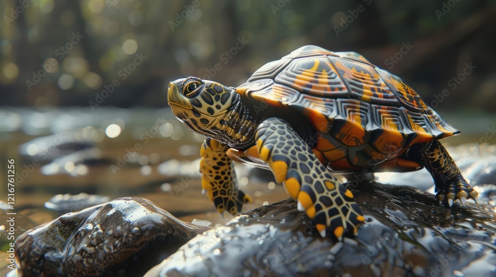 Naklejka premium Colorful turtle basking on a rock by a serene river, surrounded by lush greenery and sunlight
