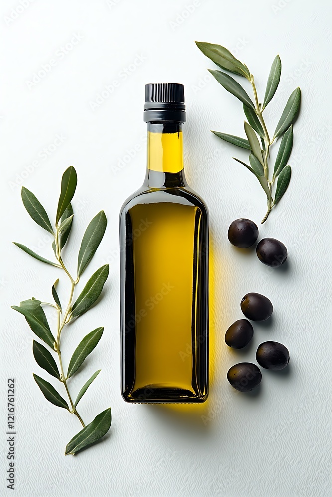 Olive oil with olives and leaves isolated on white background. Top view. Olive oil with olives and leaves isolated on white background. Top view.