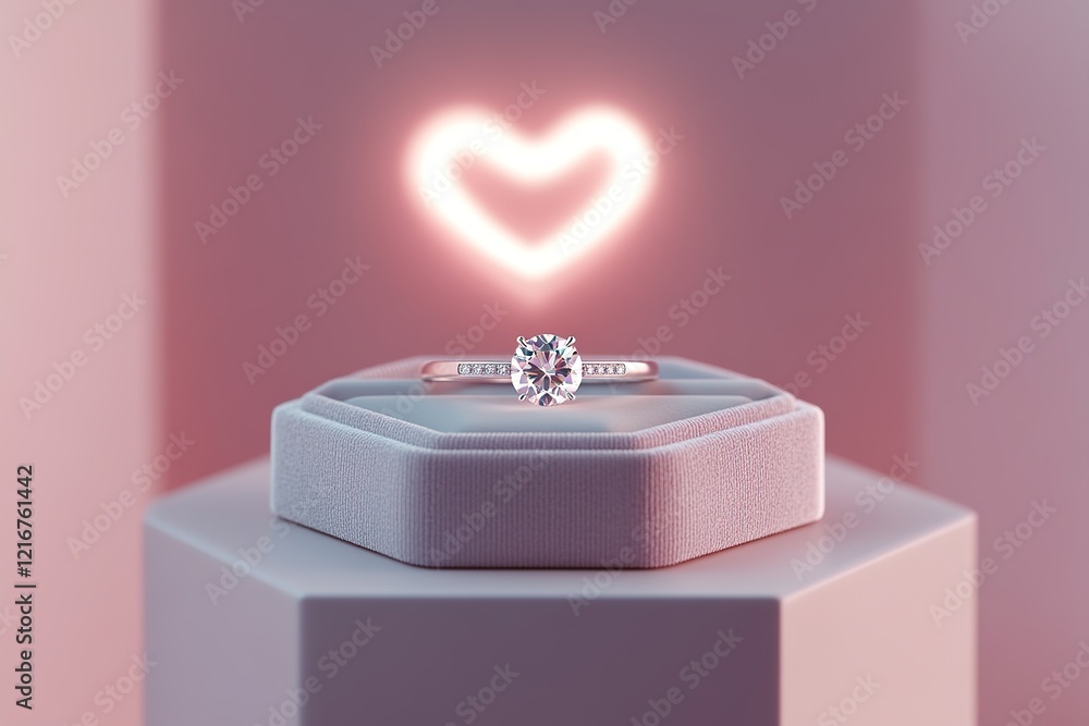 The exquisite diamond ring sits elegantly in a plush velvet box, illuminated by a soft heart-shaped glow, creating a romantic ambiance perfect for proposals or celebrations The exquisite diamond ring sits elegantly in a plush velvet box, illuminated by a soft heart-shaped glow, creating a romantic ambiance perfect for proposals or celebrations