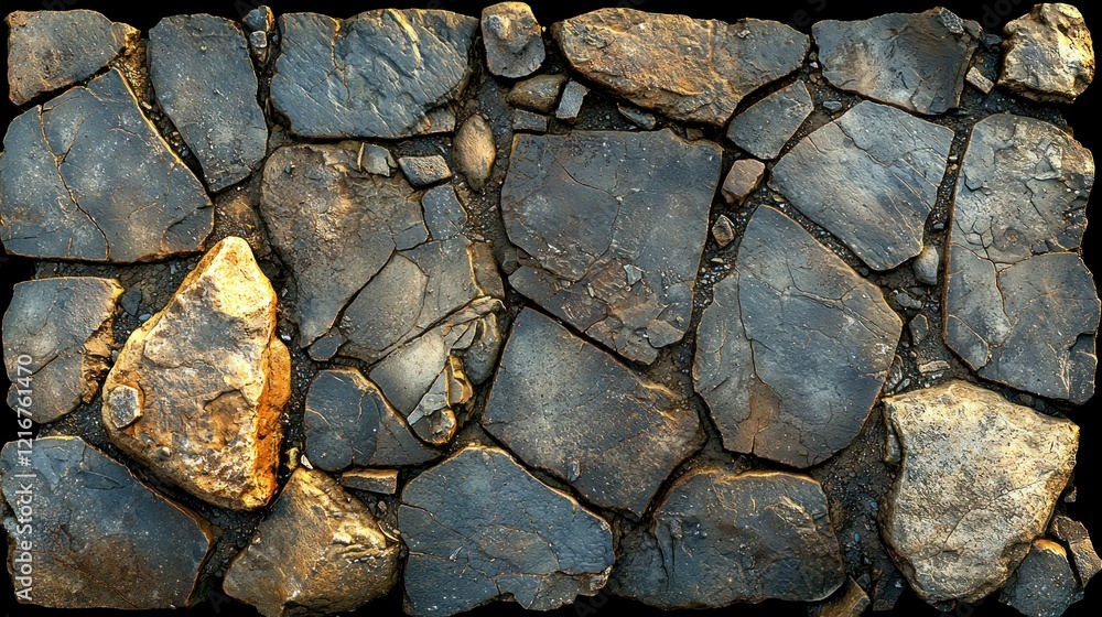 Fototapeta premium Sunlit stone path with irregular rocks, dark edges, background use