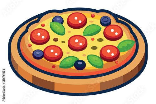 Delicious Pizza With Vibrant Toppings on a Wooden Board in a Colorful Vector Design