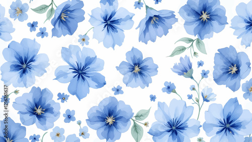 Watercolor Painting of Blue Flowers and Snowflakes