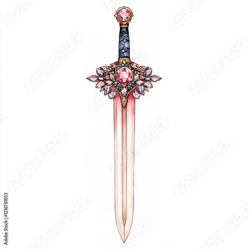 Elegant Pink Gemstone Sword Watercolor Illustration of Ornate Fantasy Weapon photo