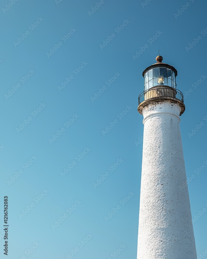A tall white lighthouse stands against a clear blue sky, symbolizing guidance and safety for ships navigating the waters. A tall white lighthouse stands against a clear blue sky, symbolizing guidance and safety for ships navigating the waters.