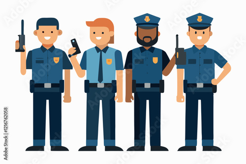 Vector Illustration of Diverse Police Officers Holding Communication Devices in a Flat Design