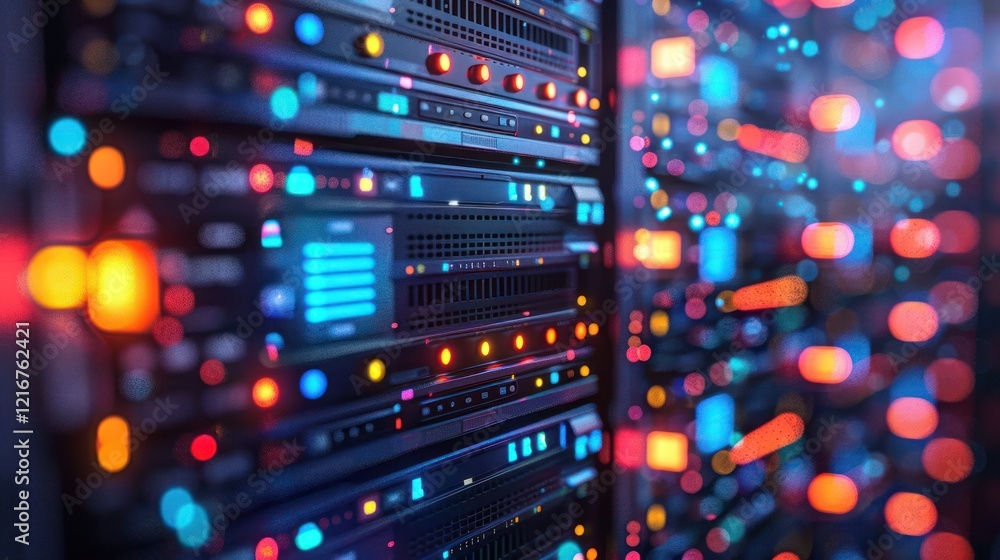 Close-up view of illuminated server racks in a data center with colorful lights in the background (1) Close-up view of illuminated server racks in a data center with colorful lights in the background (1)