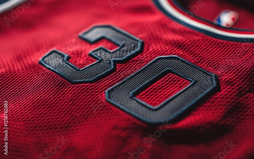 Close-up of a textured red basketball jersey, showcasing the number 30 in dark stitching. Intense detail!