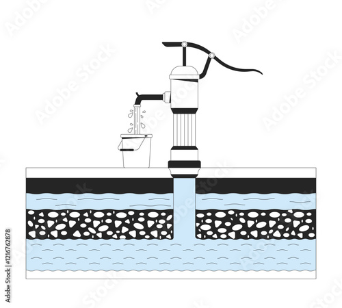 Hand water pump extracting groundwater into bucket linear illustration. Cutaway underground water layers. Rural utility 2D line scene isolated on white. Monochrome vector outline image