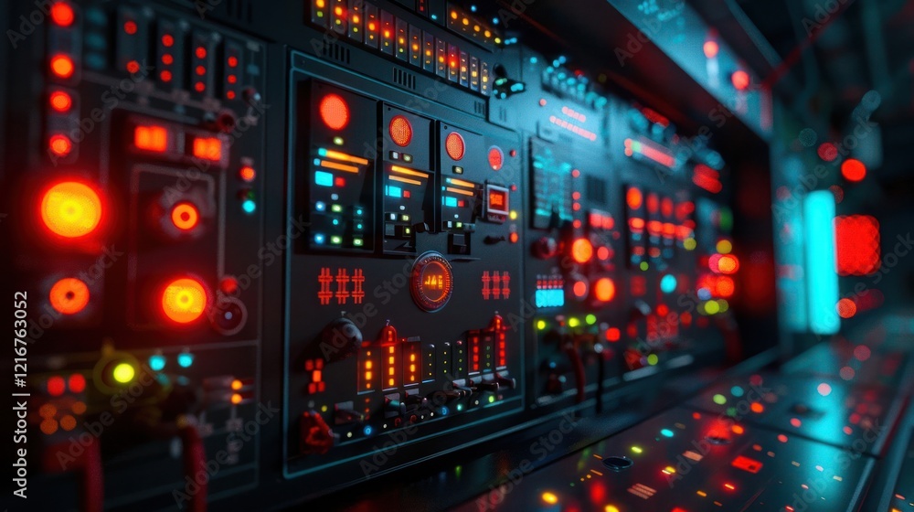 Futuristic control panel with glowing buttons and screens, showcasing advanced technology in a dark environment Futuristic control panel with glowing buttons and screens, showcasing advanced technology in a dark environment