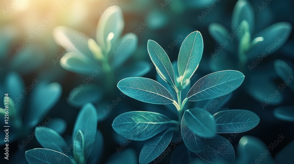 Sunlit teal leaves thriving in a dense garden background, ideal for nature themes Sunlit teal leaves thriving in a dense garden background, ideal for nature themes