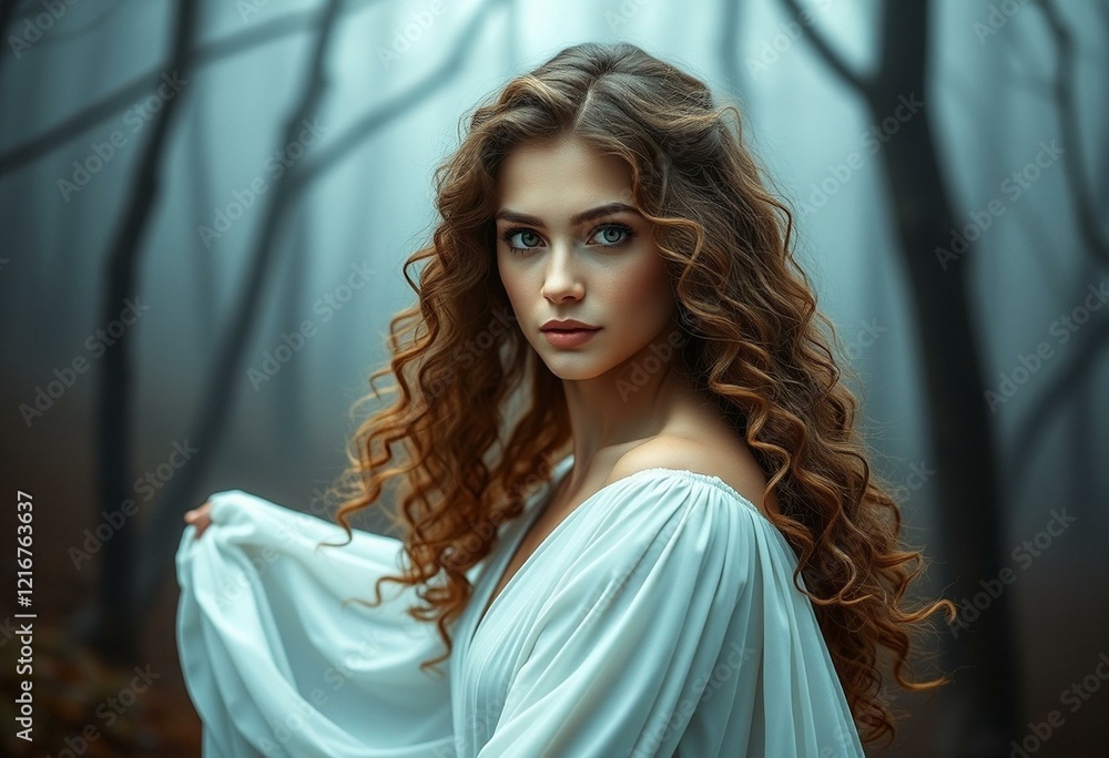 Fototapeta premium Fantasy portrait of a female in a misty forest