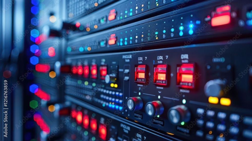 Close-up view of illuminated server rack with colorful lights and control panels in a data center Close-up view of illuminated server rack with colorful lights and control panels in a data center