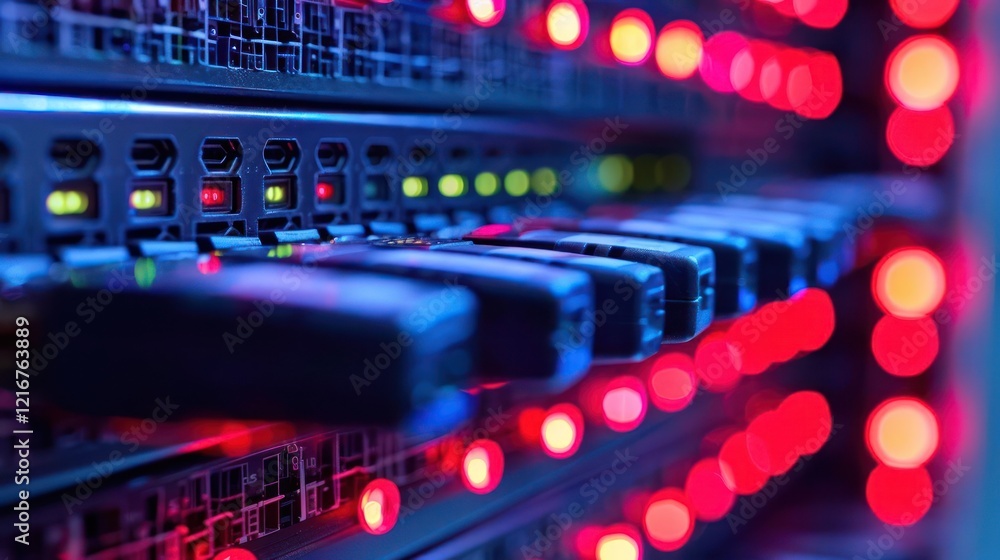 Close-up of illuminated server racks showcasing vibrant LED lights in a data center Close-up of illuminated server racks showcasing vibrant LED lights in a data center